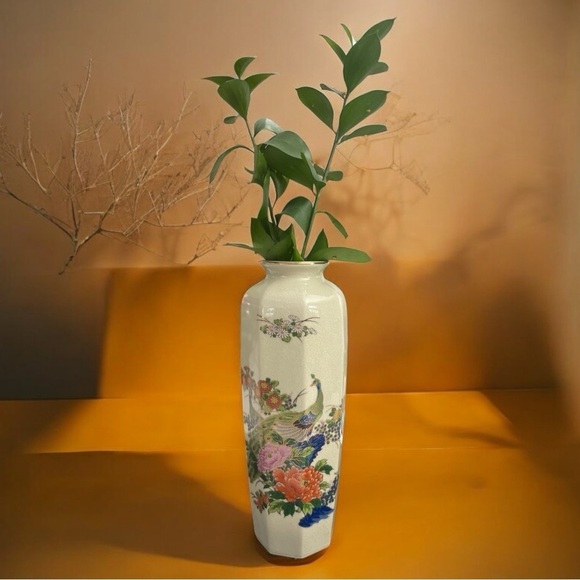 Imperial Peacock Vase Made in Japan 10 3/4" Interpur Japan Floral - Picture 2 of 10